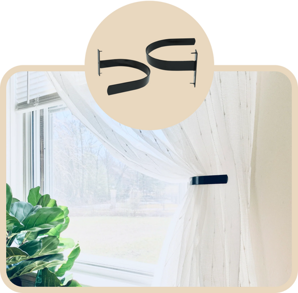 Black Kwik-Hang holdback on a window with sheer curtain